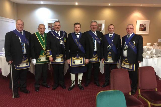 Jim Ward, Hugh Paterson, Norman Austin, John Sandilands, Ray Newton, Tony Sullivan, david Lacey attending the Installation of PGM Jim Ellis 2016